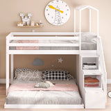 Twin over Full House Roof Bunk Bed with Staircase and Shelves, White - Home Elegance USA