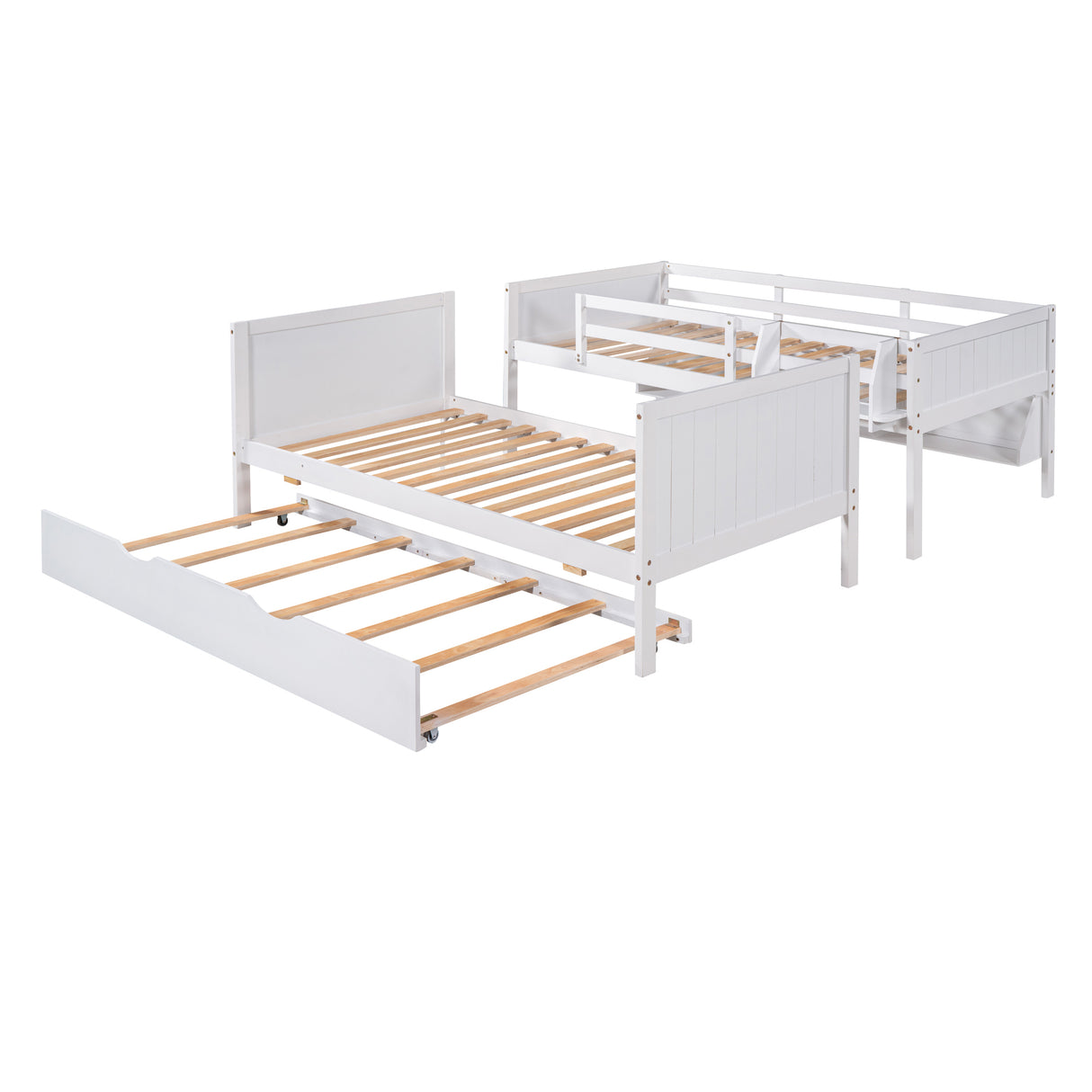 Twin-Over-Twin Bunk Bed with Twin size Trundle , Separable Bunk Bed with Bookshelf for Bedroom -White - Home Elegance USA