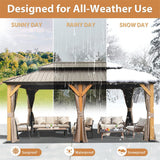 12'x20' Hardtop Gazebo, Outdoor Cedar Wood Frame Canopy with Galvanized Steel Double Roof, Outdoor Permanent Metal Pavilion with Curtains and Netting for Patio, Backyard and Lawn(Brown) - W1859S00019 - image - 5