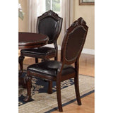 Classic Formal Dining Room Table And 4x Side Chairs Brown 5pc Set Dining Table Pedestal Base Antique Round Table Faux Leather Upholstered Chair - Home Elegance USA