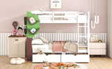 Twin-Over-Twin Bunk Bed with  a Tree Decor and Two Storage Drawers, White - Home Elegance USA