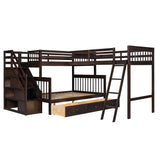Twin over Full L-Shaped Bunk Bed With 3 Drawers, Ladder and Staircase - Espresso - Home Elegance USA