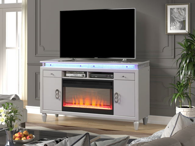 Perla TV Stand With Electric Fireplace in Milky White Home Elegance USA