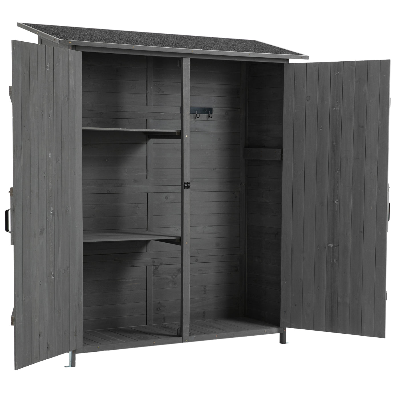 56”L x 19.5”W x 64”H Outdoor Storage Shed with Lockable Door, Wooden Tool Storage Shed w/Detachable Shelves & Pitch Roof,Gray