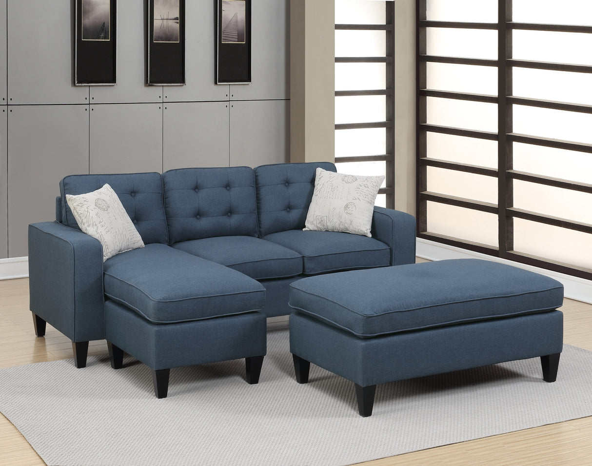 Reversible 3pc Sectional Sofa Set Navy Tufted Polyfiber Wood Legs Chaise Sofa Ottoman Pillows Cushion Couch - Home Elegance USA