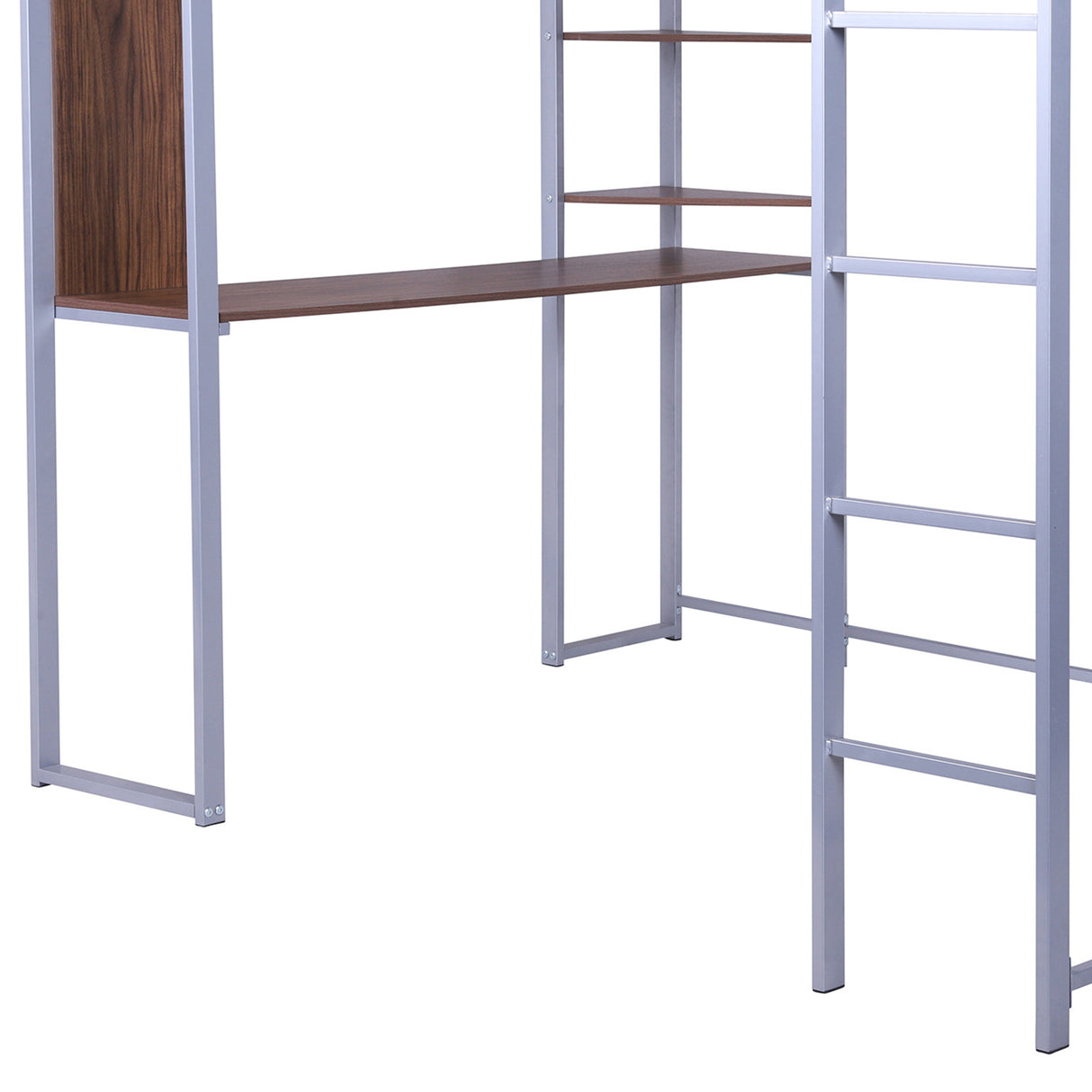 Full Size Metal Loft Bed with 2 Shelves and one Desk ,Silver (Old SKU: LP000091AAN )