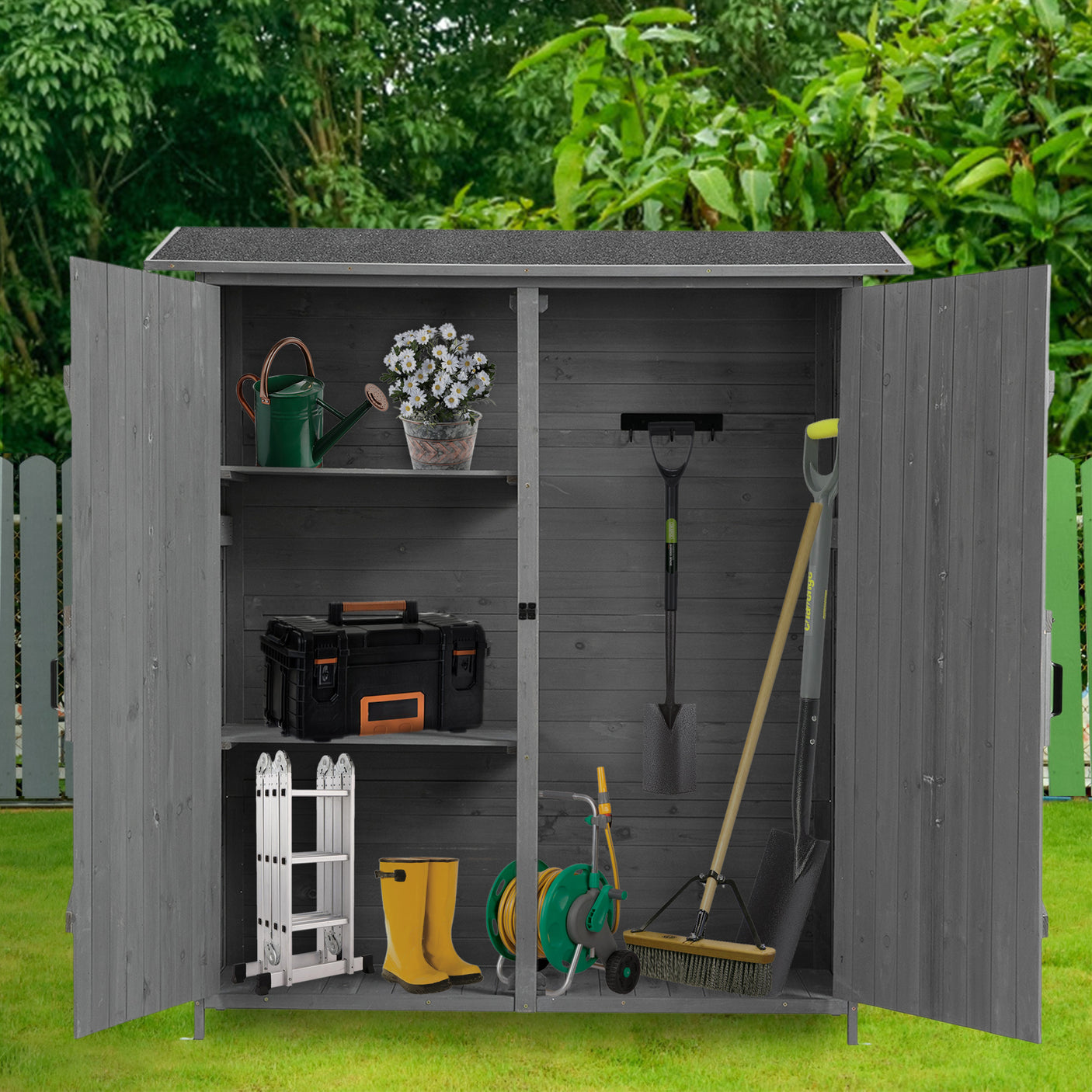 56”L x 19.5”W x 64”H Outdoor Storage Shed with Lockable Door, Wooden Tool Storage Shed w/Detachable Shelves & Pitch Roof,Gray