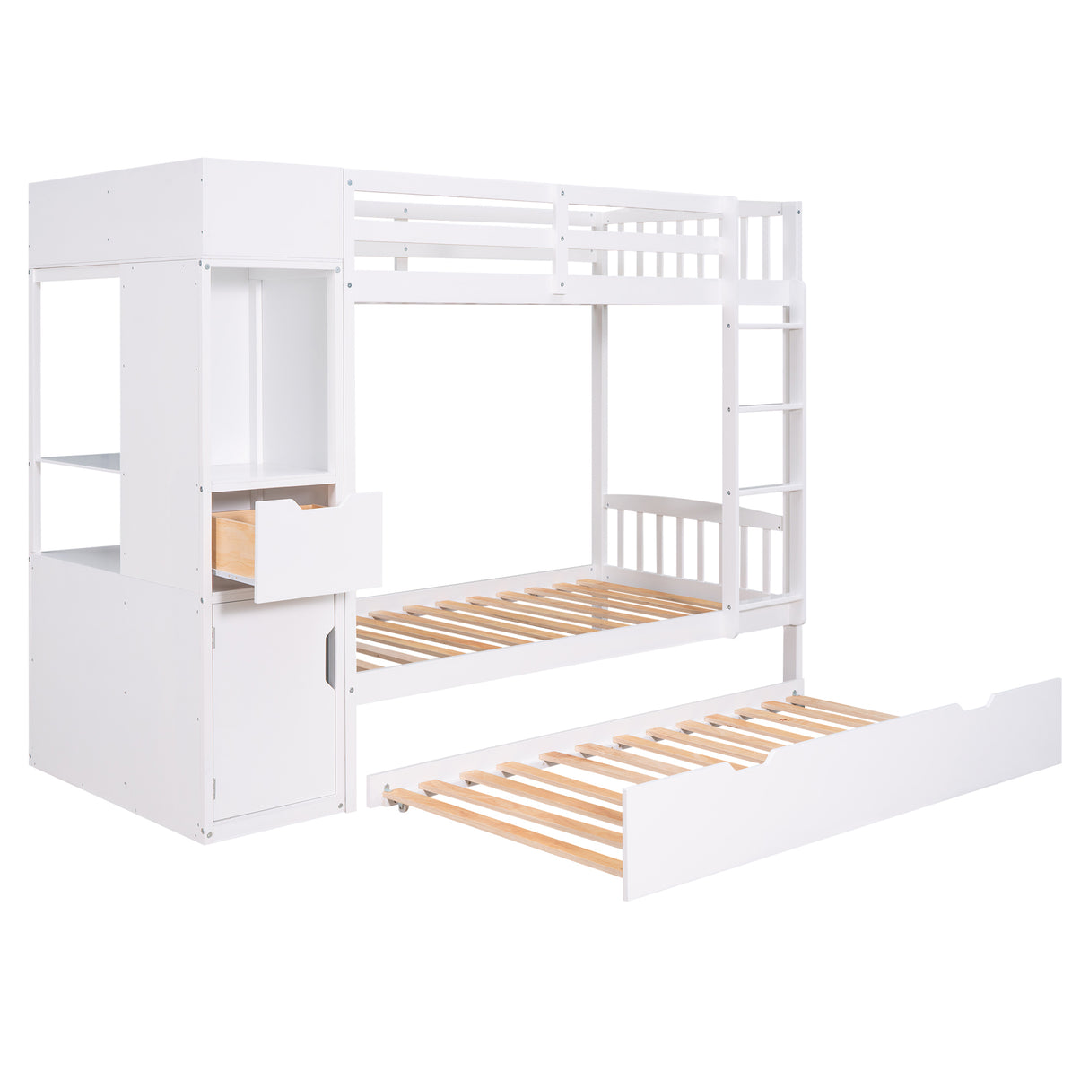 Twin Size Bunk Bed with Trundle and Attached Multifunctional Locker,White - Home Elegance USA