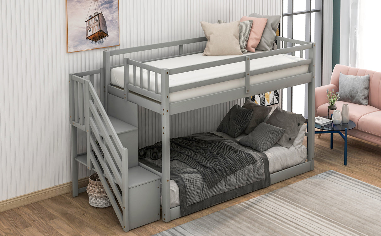 Twin over Twin Floor Bunk Bed, Ladder with Storage, Gray - Home Elegance USA