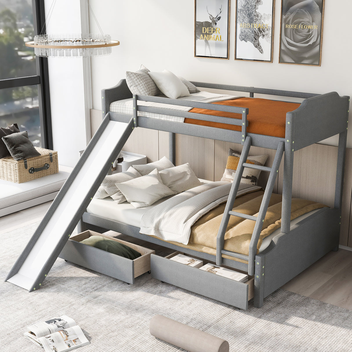 Twin over Full Size Upholstery Bunk Bed with Two Drawers and Slide,Convertible Slide and Ladder, Headboard and Footboard,Grey - Home Elegance USA