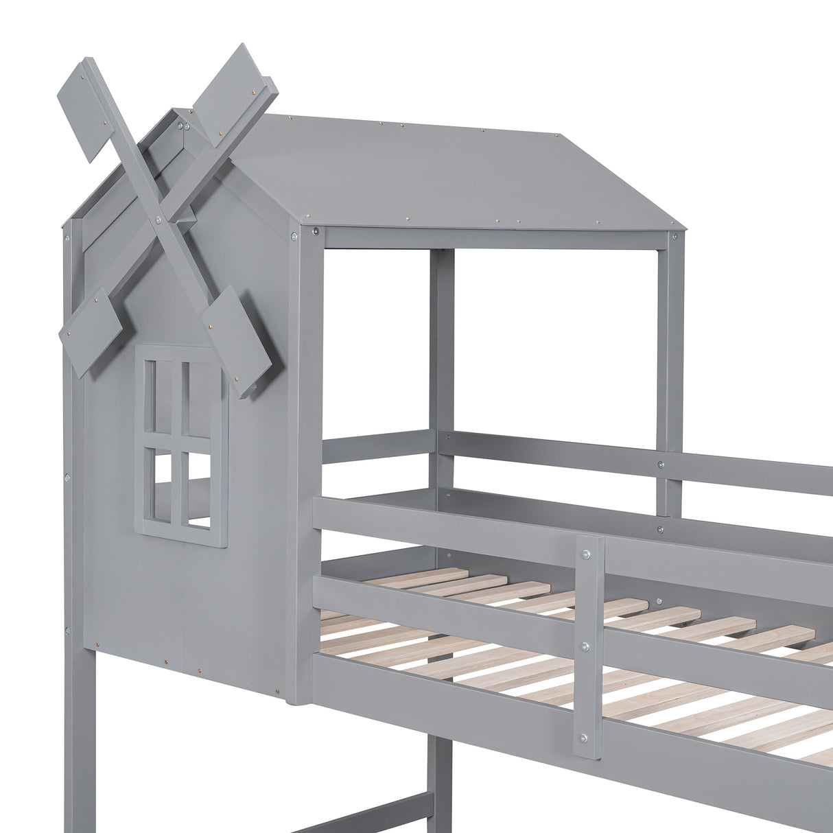 Twin over Twin Bunk Bed with Roof and Window, with Guardrails and Ladder, Gray - Home Elegance USA