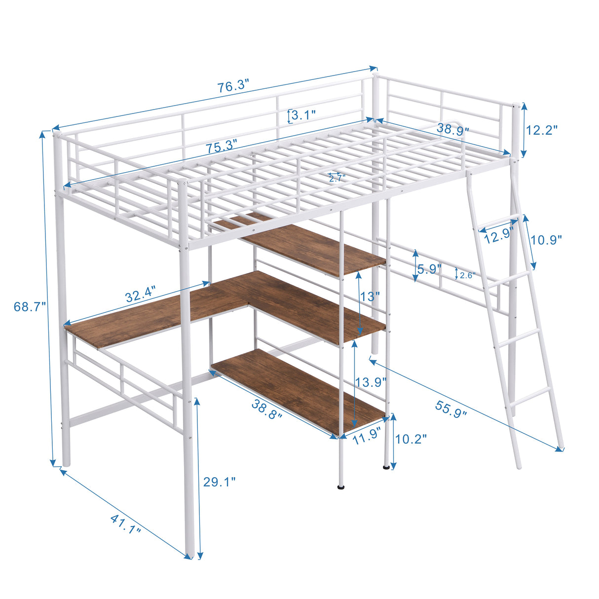 Twin Size Metal Loft Bed and Built-in Desk and Shelves,White（OLD SKU:WF280270AAK） - Home Elegance USA