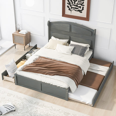 Wood Queen Size Platform Bed with Twin Size Trundle and 2 Drawers, Antique Gray(Expected Arrival Time: 9.2)