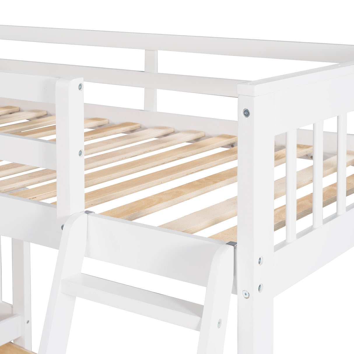 Twin over Full L-Shaped Bunk Bed With 3 Drawers, Ladder and Staircase - White - Home Elegance USA