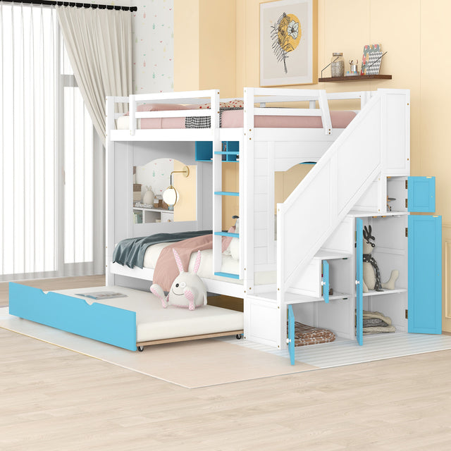 Twin Over Twin Bunk Bed with Trundle ,Stairs,Ladders Solid Wood Bunk bed with Storage Cabinet （White + Blue） - Home Elegance USA