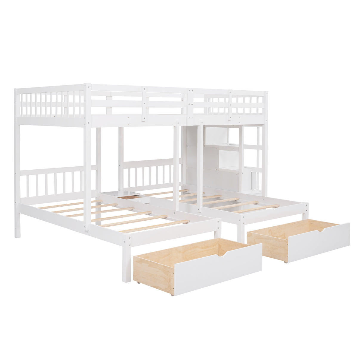 Full Over Twin & Twin Bunk Bed, Wood Triple Bunk Bed with Drawers and Guardrails (White) - Home Elegance USA