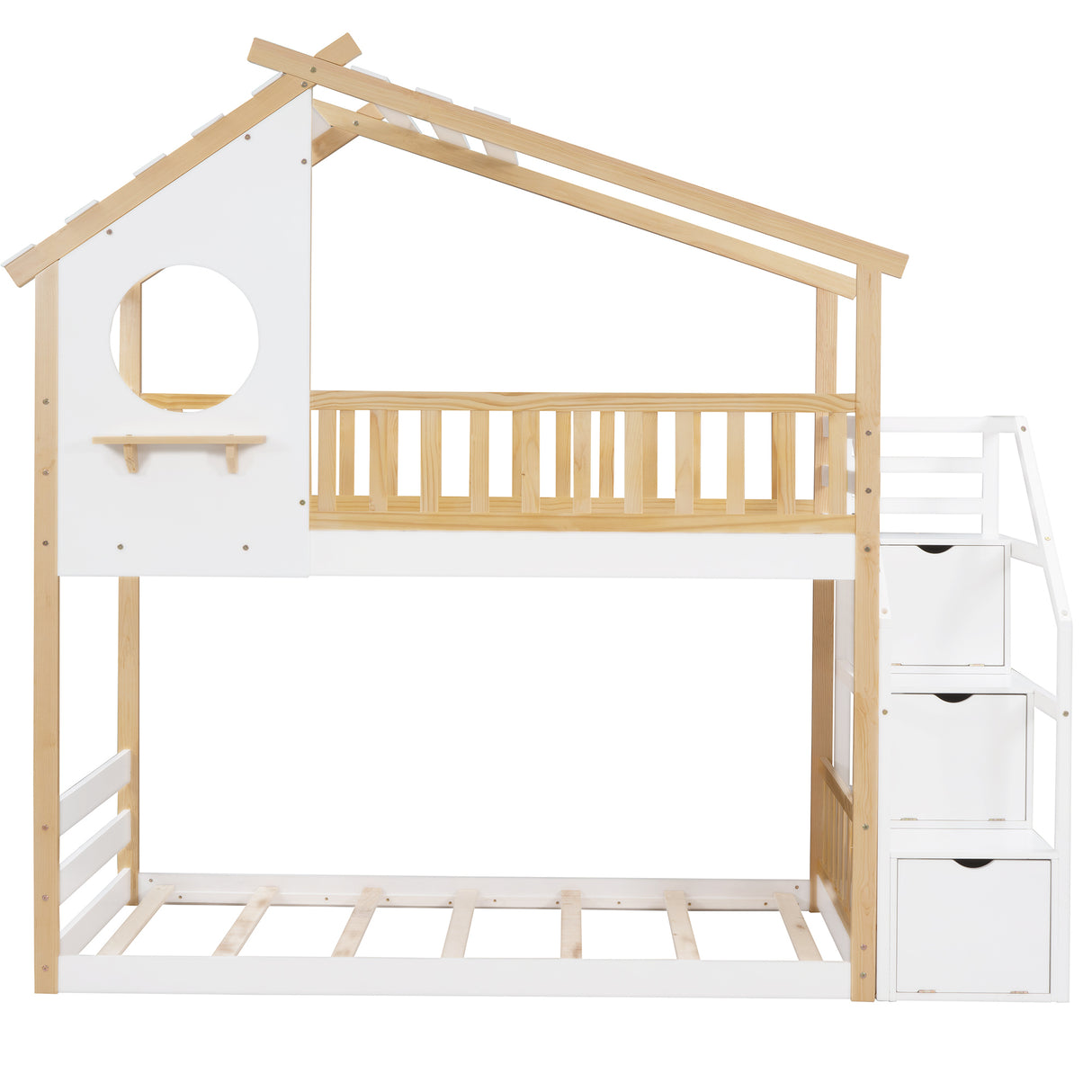 Stairway Twin-Over-Twin Bunk Bed,House Bed,Storage and Guard Rail,Natural Bed +White Stair - Home Elegance USA