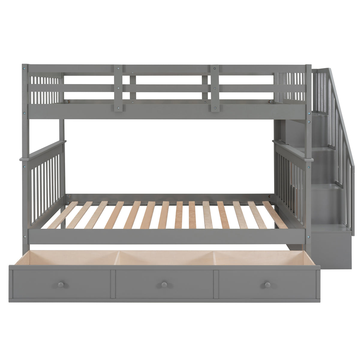 Stairway Full-Over-Full Bunk Bed with Drawer, Storage and Guard Rail for Bedroom, Gray color( old sku: LP000310AAE ) - Home Elegance USA