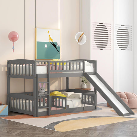Bunk Bed with Slide,Twin Over Twin Low Bunk Bed with Fence and Ladder for Toddler Kids Teens Grey - Home Elegance USA