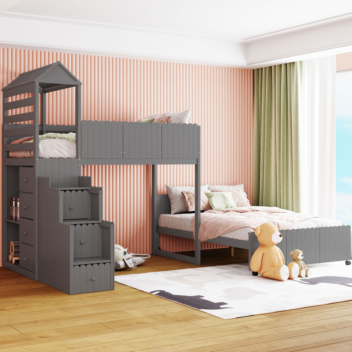 Stairway Twin Over Full Bunk Bed, House Bed with Two Shelves and Seven Drawers,Gray - Home Elegance USA