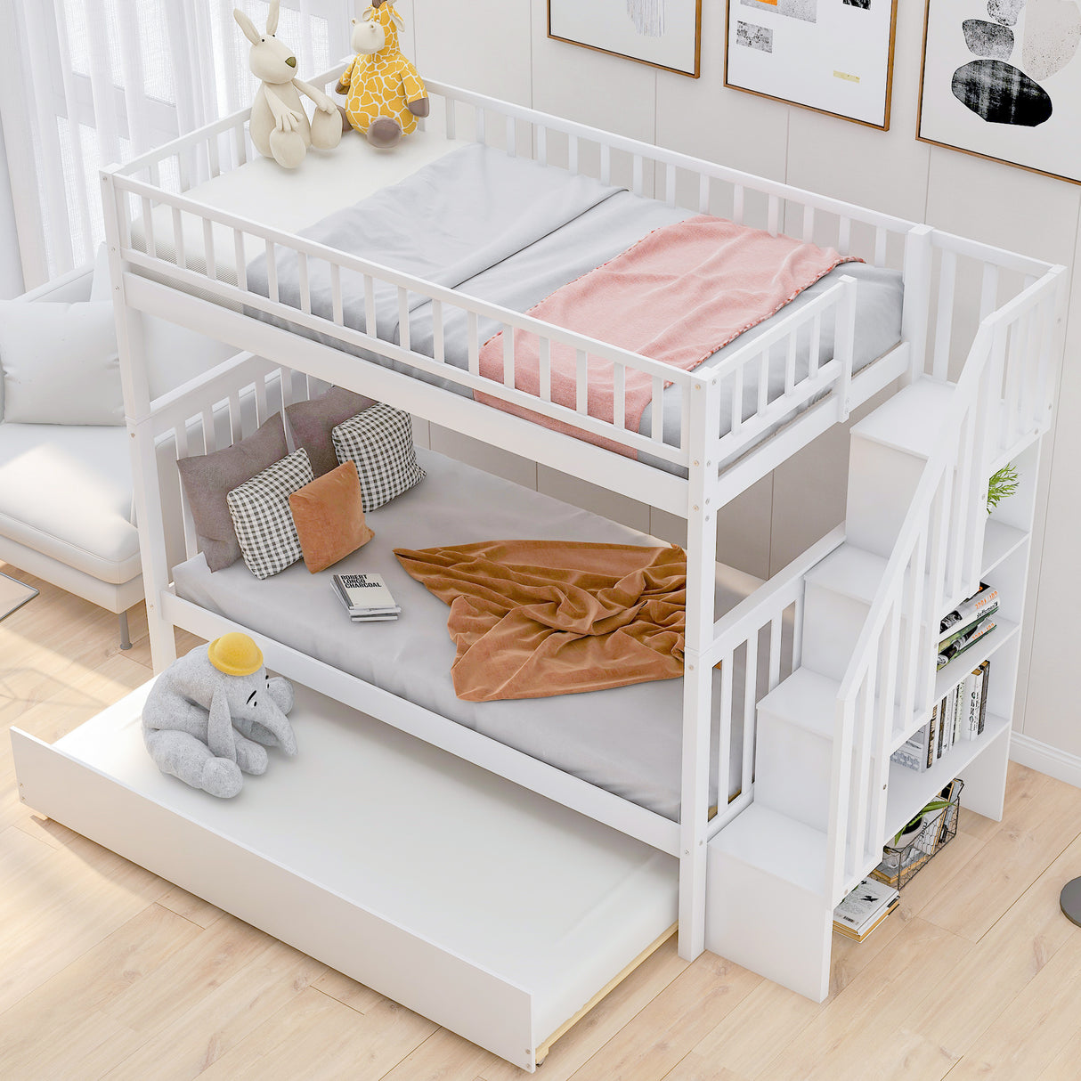 Twin over Twin Bunk Bed with Trundle and Storage, White - Home Elegance USA