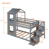 Twin Over Twin Bunk Bed with Storage Stairs,Wood Bed with Roof, Window, Guardrail, Ladder，Gray