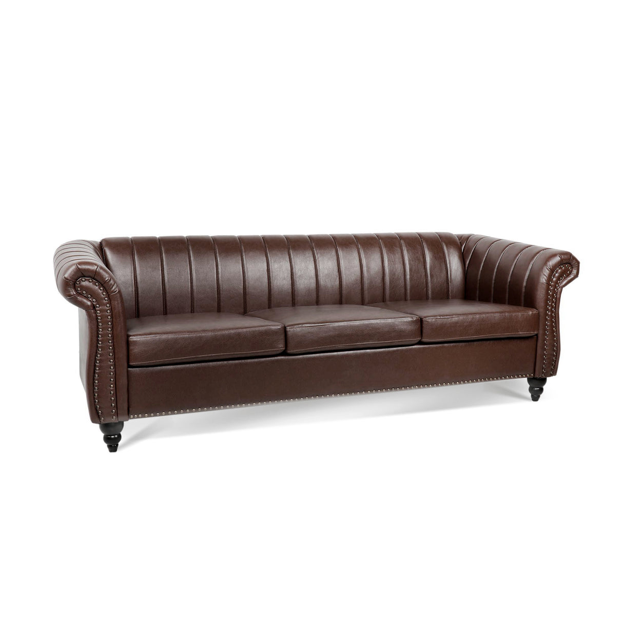 83.46'' Brown PU Rolled Arm Chesterfield Three Seater Sofa. - W68031446 - image - 5