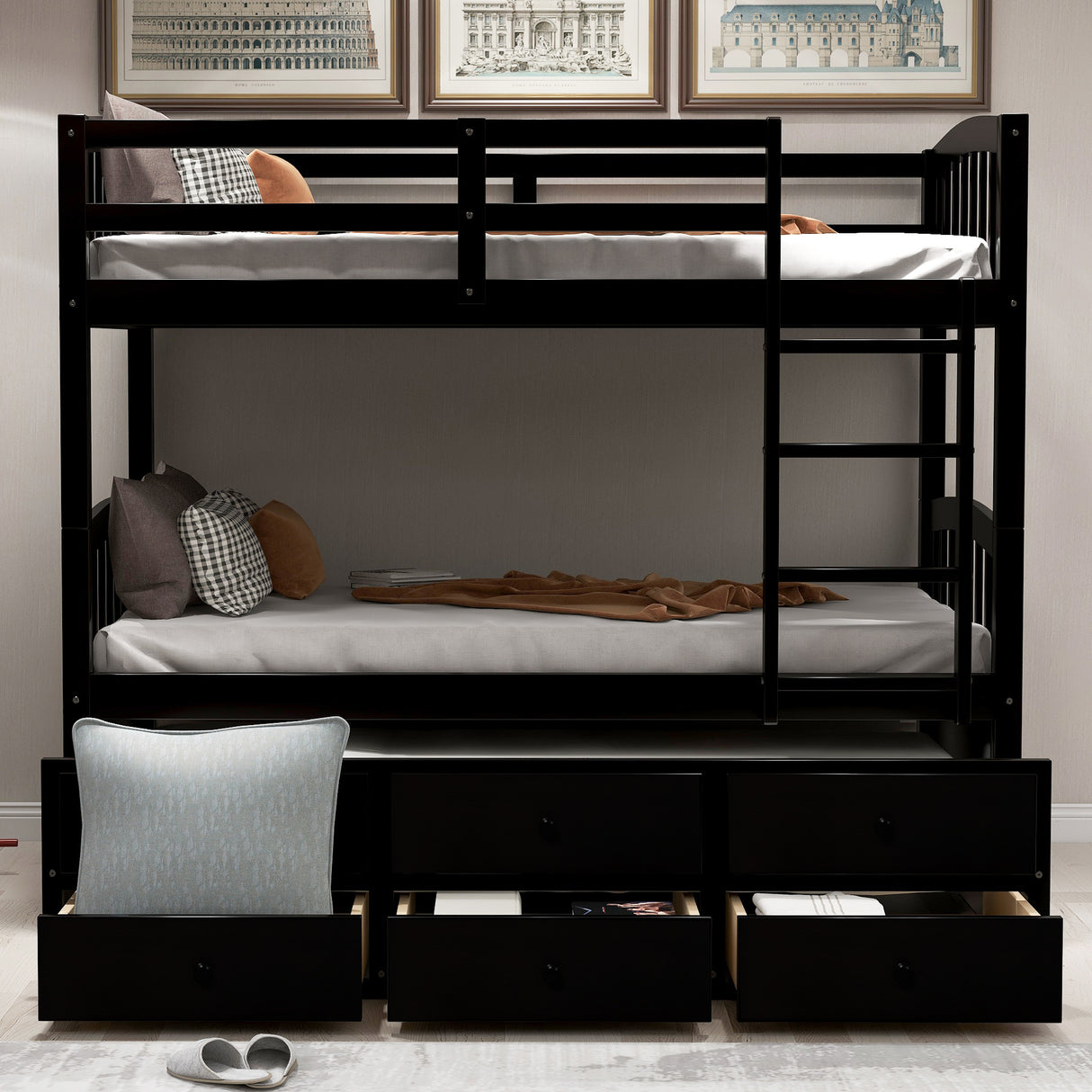 Twin Bunk Bed with Ladder, Safety Rail, Twin Trundle Bed with 3 Drawers for Teens Bedroom, Guest Room Furniture(Espresso)(OLD SKU :LP000071AAP) - Home Elegance USA