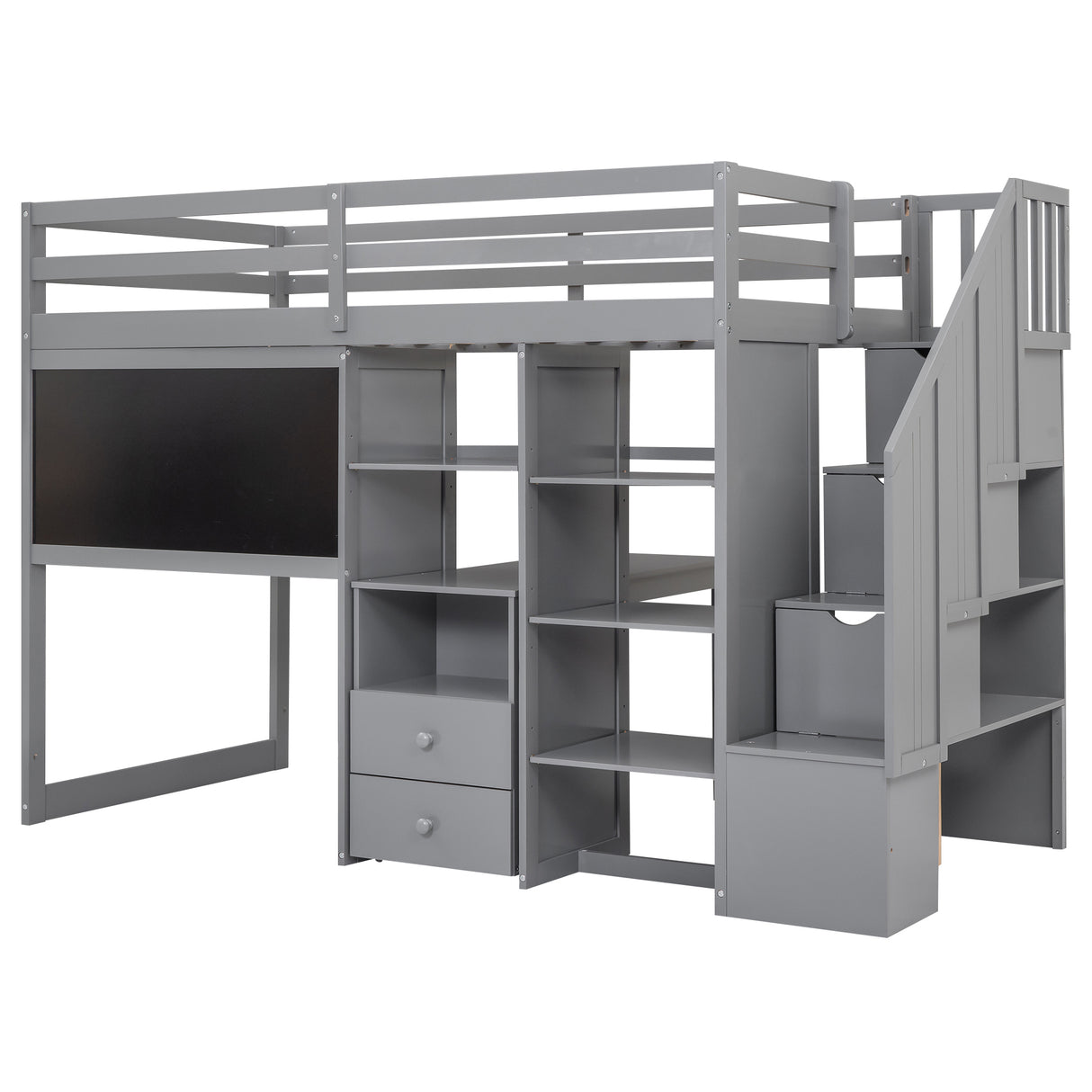 Twin Size Loft Bed with Pullable Desk and Storage Shelves,Staircase and Blackboard,Gray - Home Elegance USA