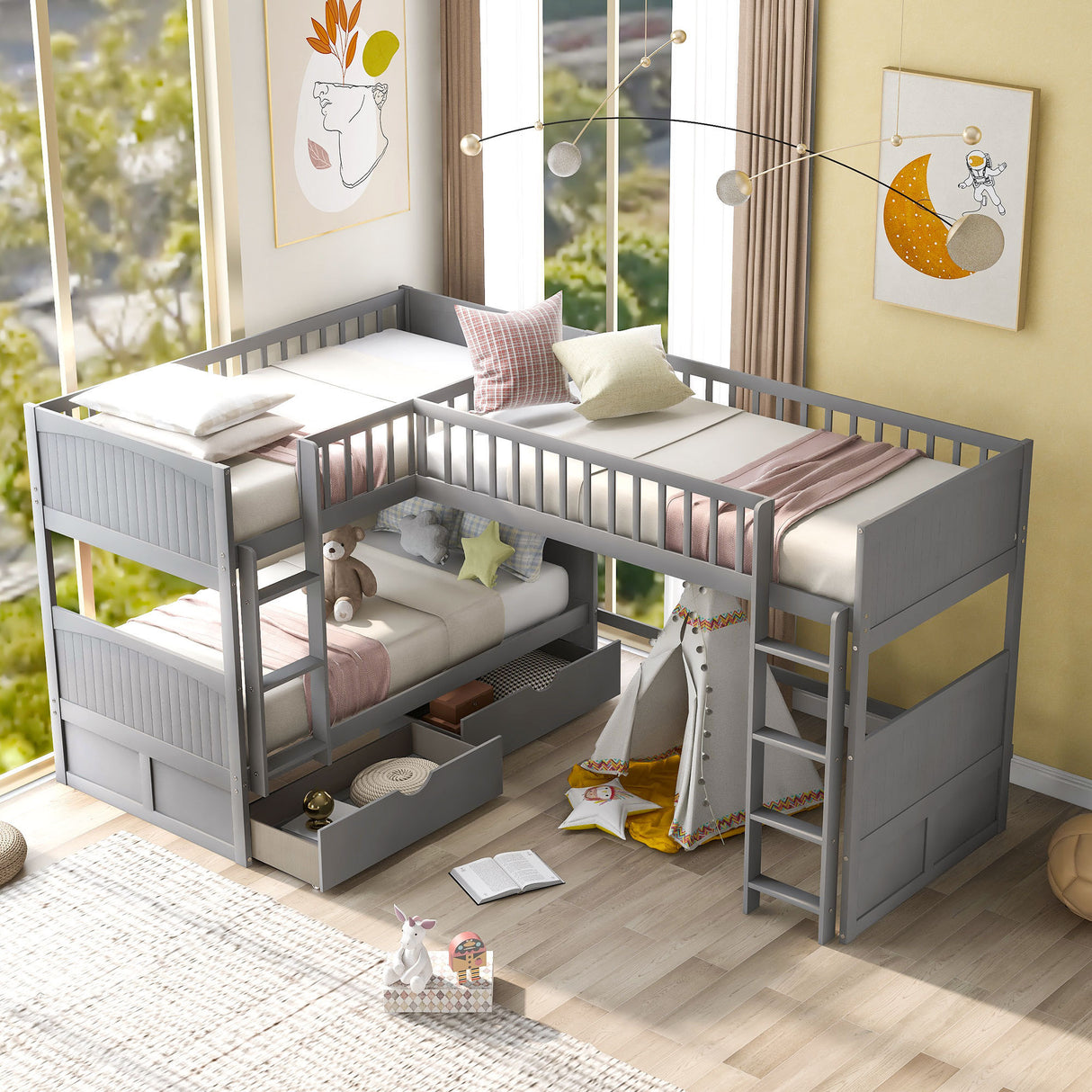 Twin Size Bunk Bed with a Loft Bed attached, with Two Drawers,Gray - Home Elegance USA