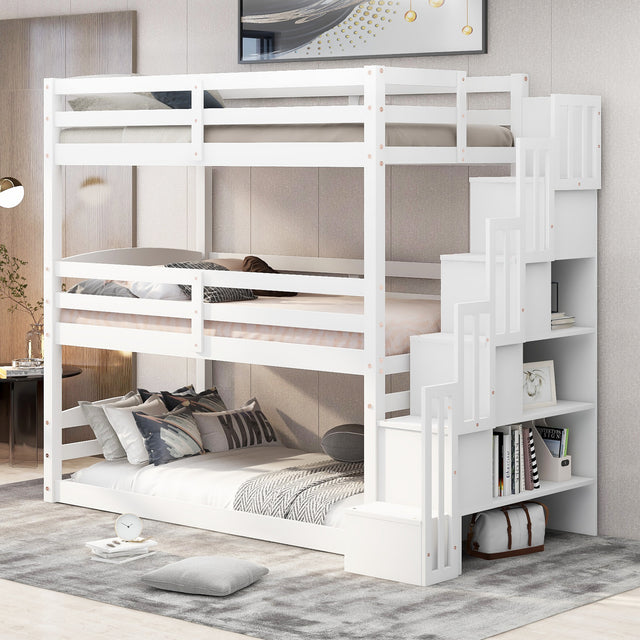 Twin Size Triple Bunk Bed with Storage Staircase,Separate Design,White - Home Elegance USA