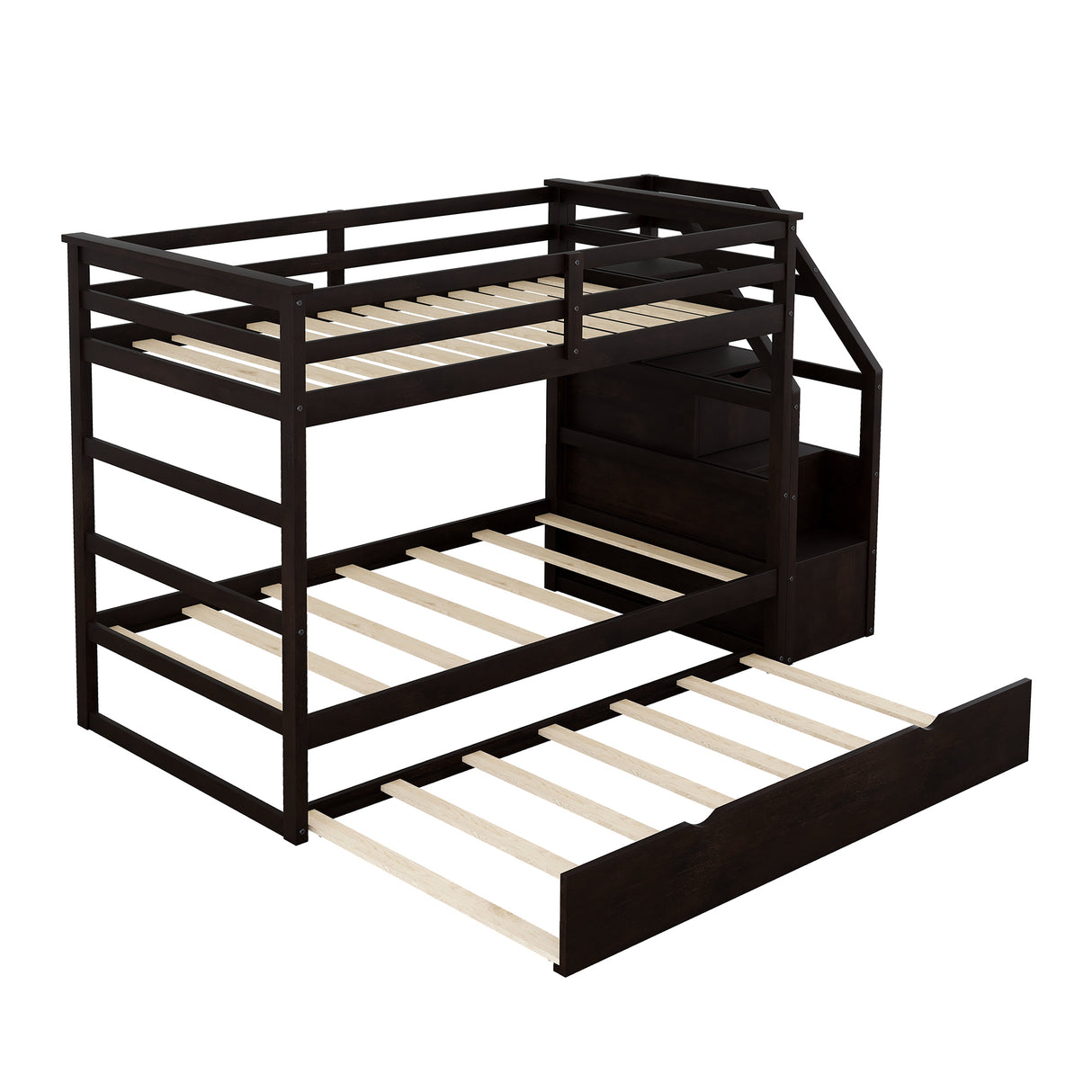 Twin-Over-Twin Bunk Bed with Twin Size Trundle and 3 Storage Stairs,Espresso (OLD SKU :LP000064AAP) - Home Elegance USA