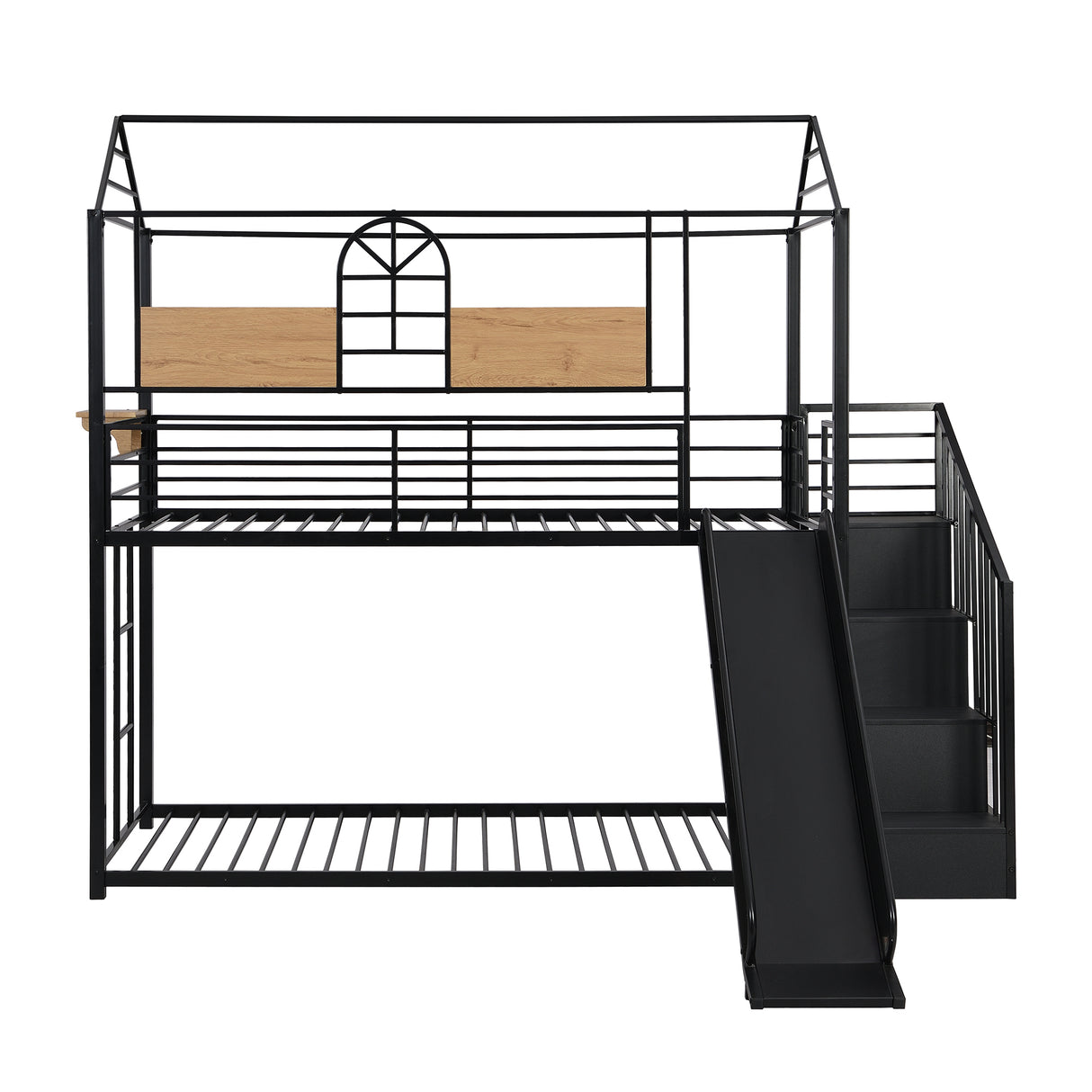 Twin Over Twin Metal Bunk Bed ,Metal Housebed with Slide and Storage Stair,Black with Black Slide(OLD SKU:LP000195AAB) - Home Elegance USA