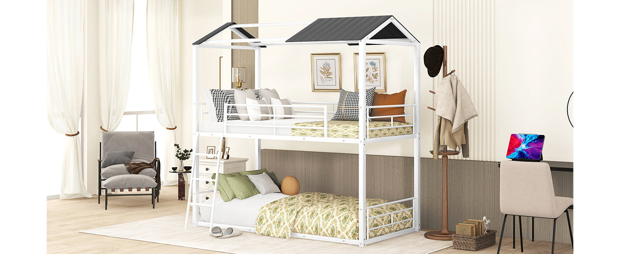 Twin Over Twin Bunk Bed Metal Bed with Half Roof, Guardrail and Ladder White - Home Elegance USA