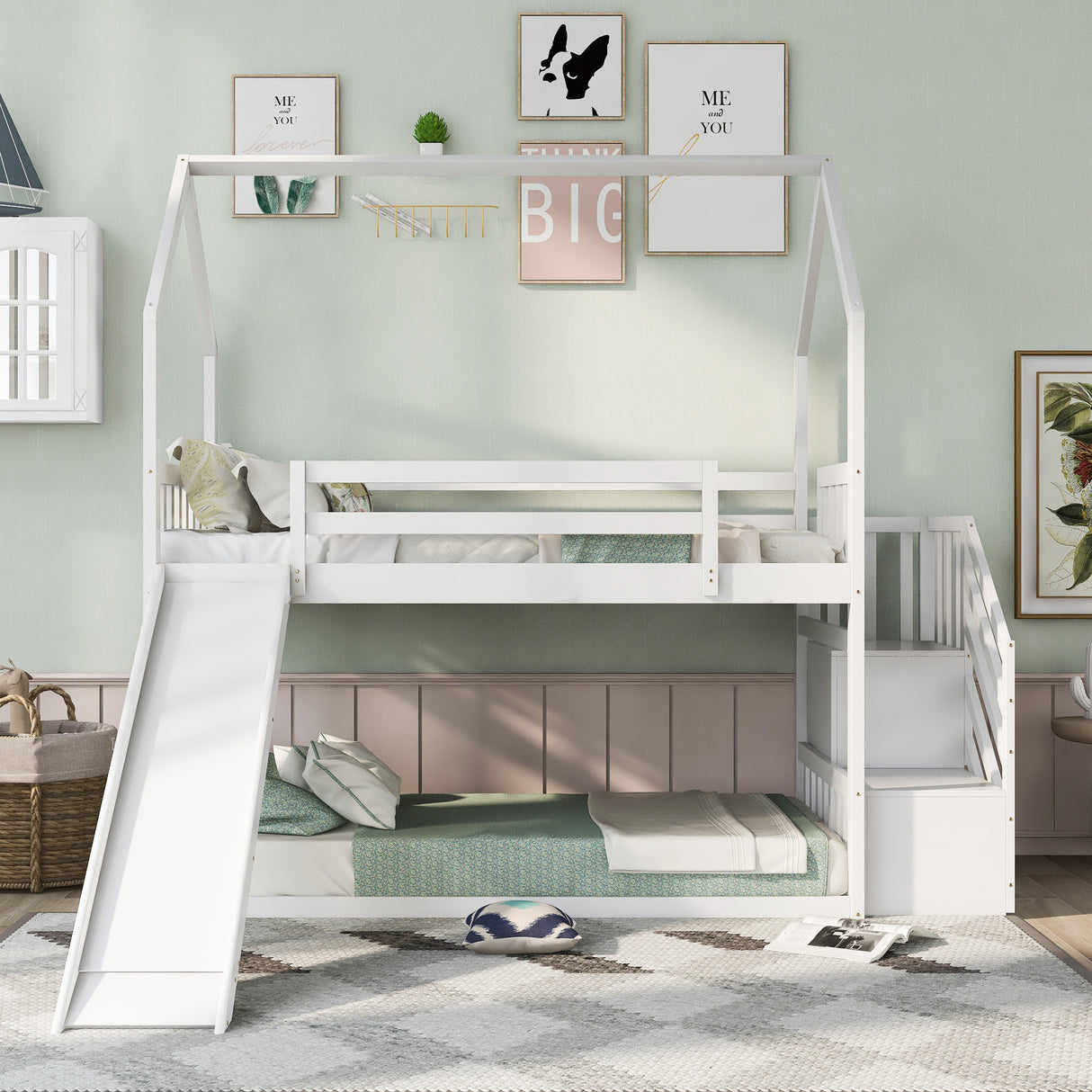 Twin over Twin House Bunk Bed with Convertible Slide,Storage Staircase,White - Home Elegance USA