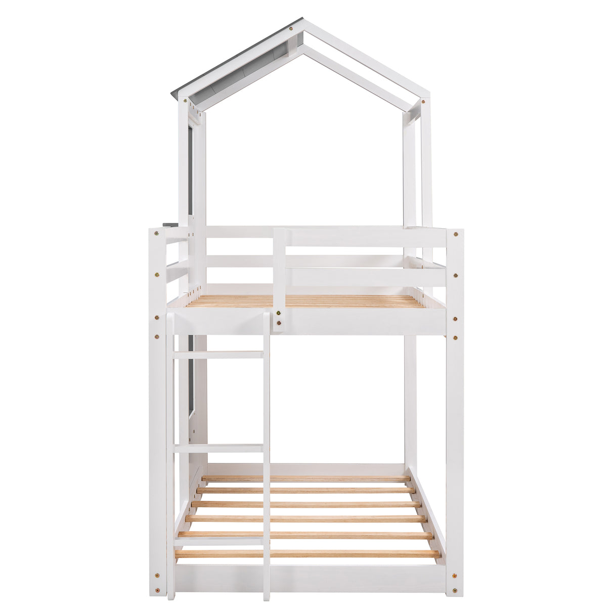 Twin Over Twin Bunk Bed Wood Bed with Roof, Window, Guardrail, Ladder (White)(OLD SKU :LP000056AAK) - Home Elegance USA