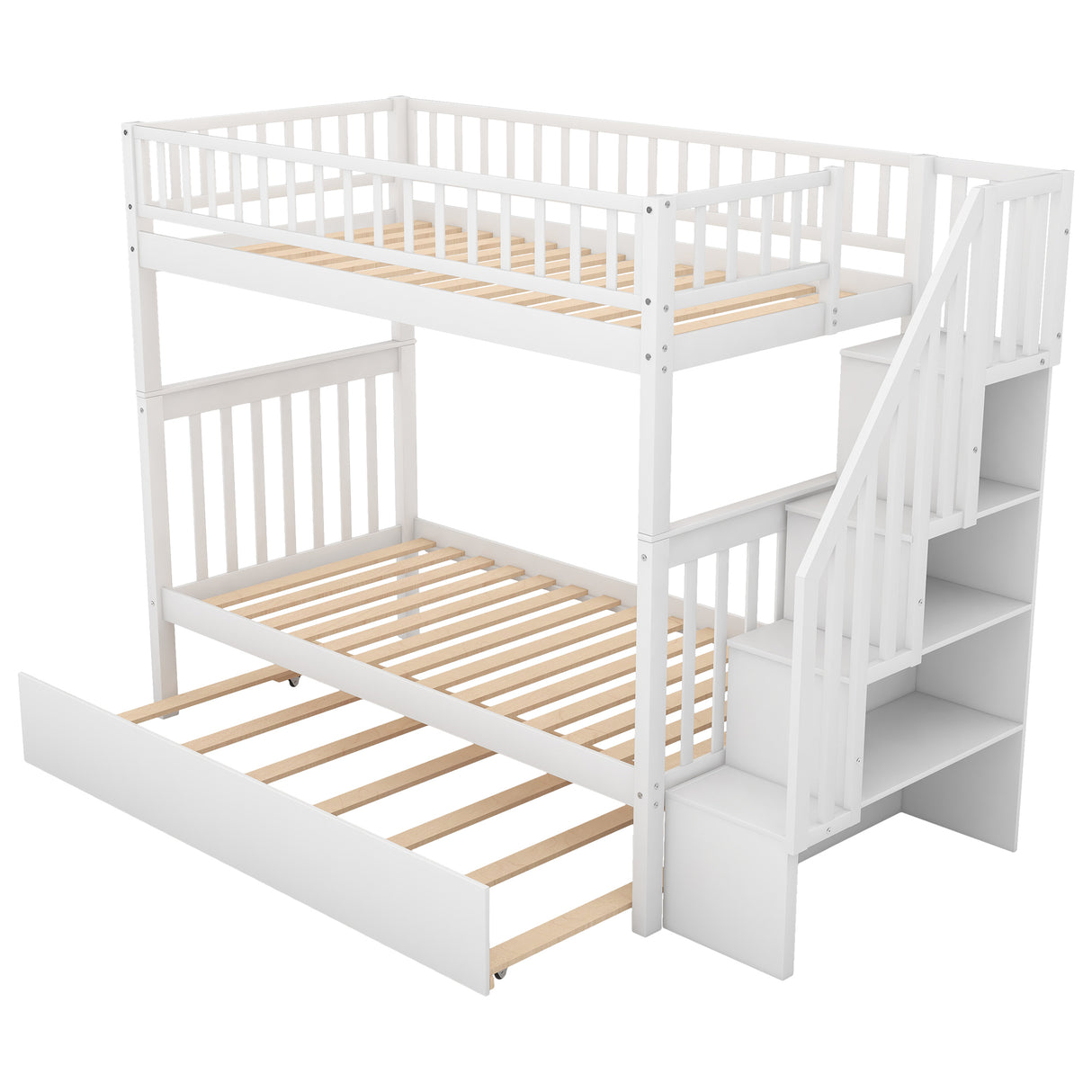 Twin over Twin Bunk Bed with Trundle and Storage, White - Home Elegance USA