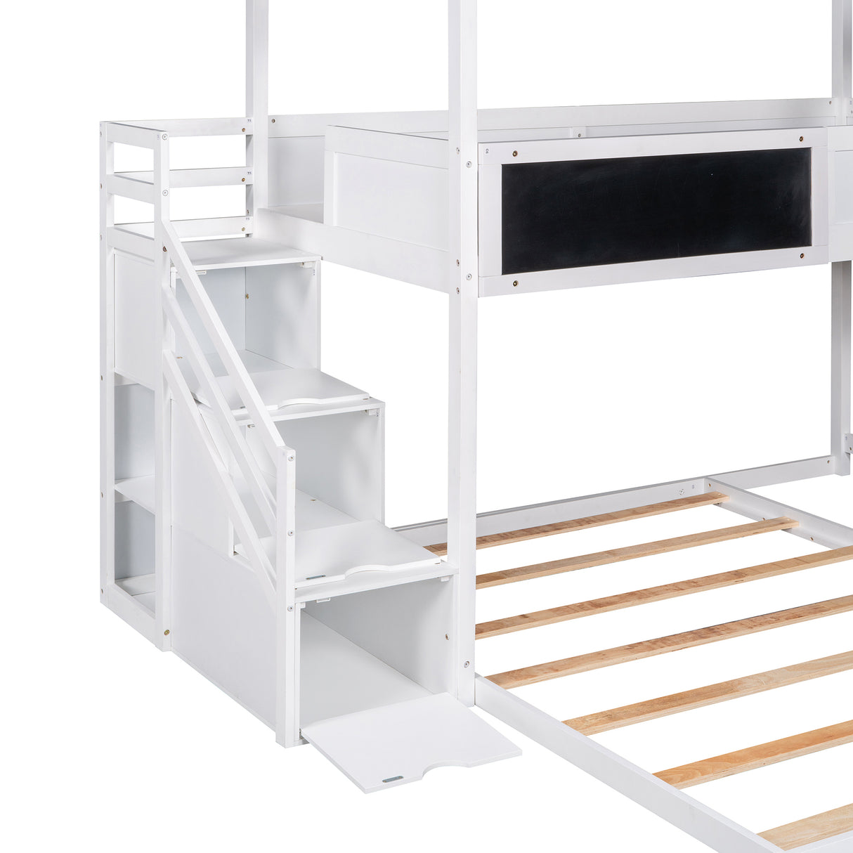 Twin over Full House Bunk Bed with Storage Staircase and Blackboard,White - Home Elegance USA