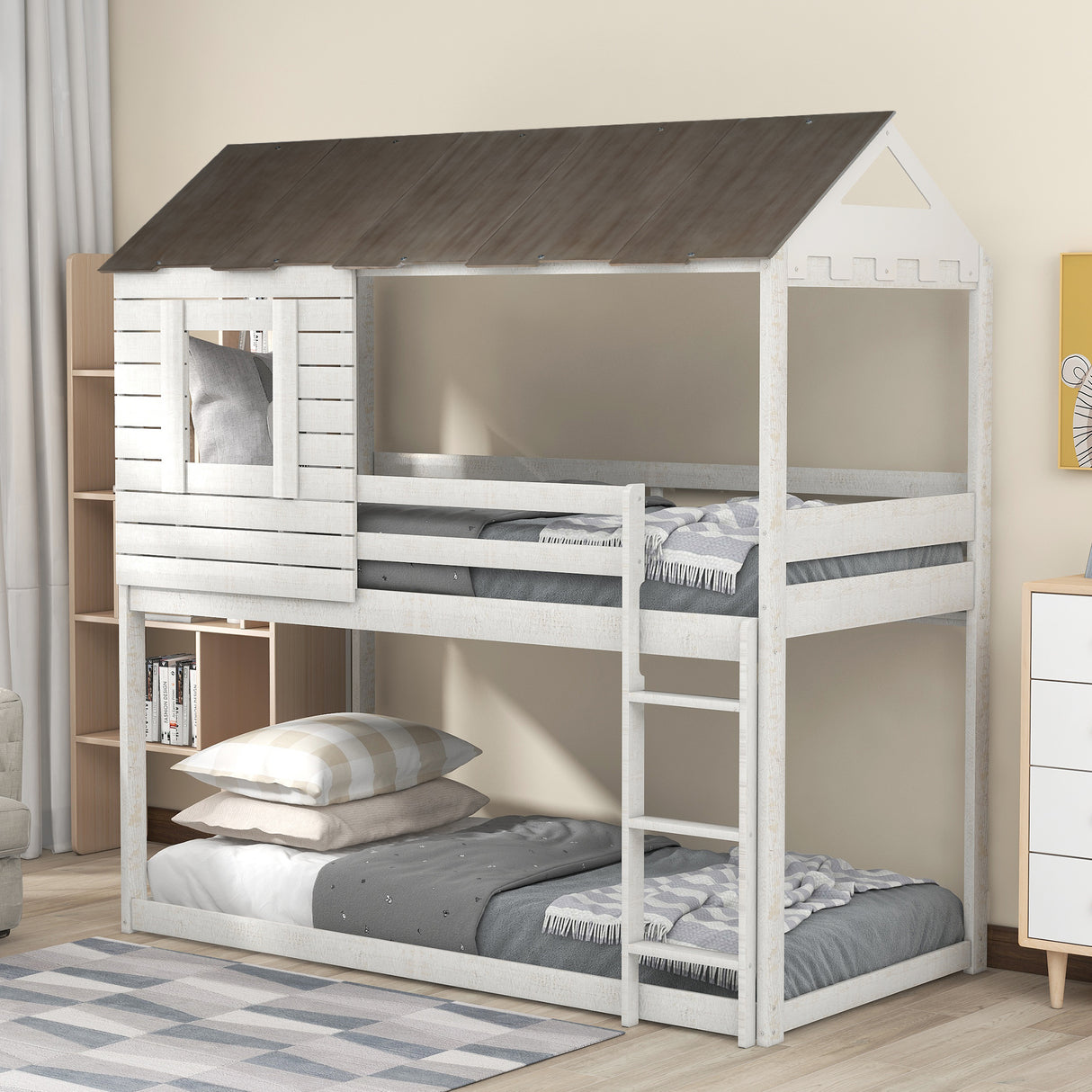 Twin Over Twin Bunk Bed Wood Loft Bed with Roof, Window, Guardrail, Ladder (Antique White)(old sku: LP000062AAM) - Home Elegance USA