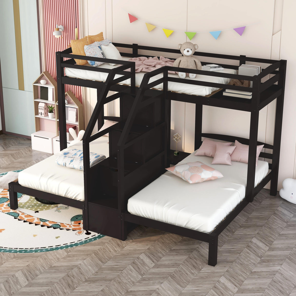 Twin over Twin & Twin Bunk Bed with Built-in Staircase and Storage Drawer,Espresso Home Elegance USA