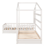 Wood House Bed Twin Size, 2 Twin Solid Bed L structure with fence and slatted frame （White) - Home Elegance USA