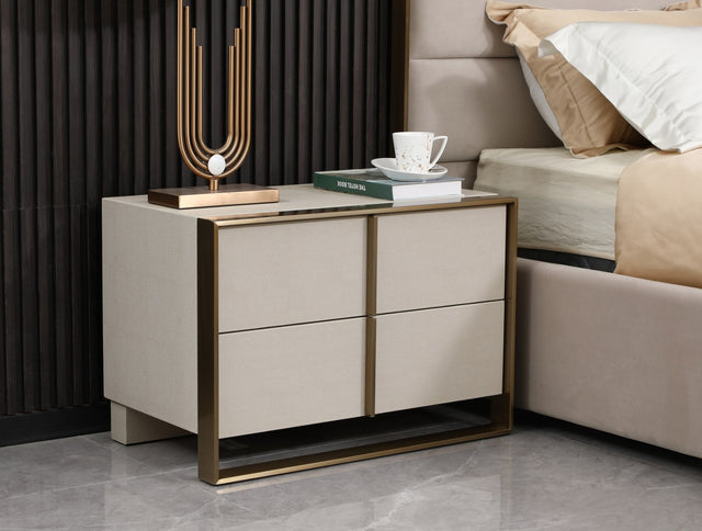 Vig Furniture Nova Domus Cartier - Modern Beige Shagreen and Brushed Brass Nightstand