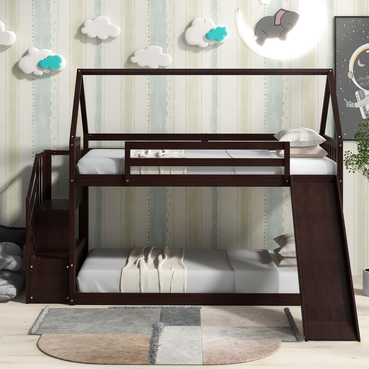 Twin over Twin House Bunk Bed with Slide and Storage Staircase,Espresso - Home Elegance USA