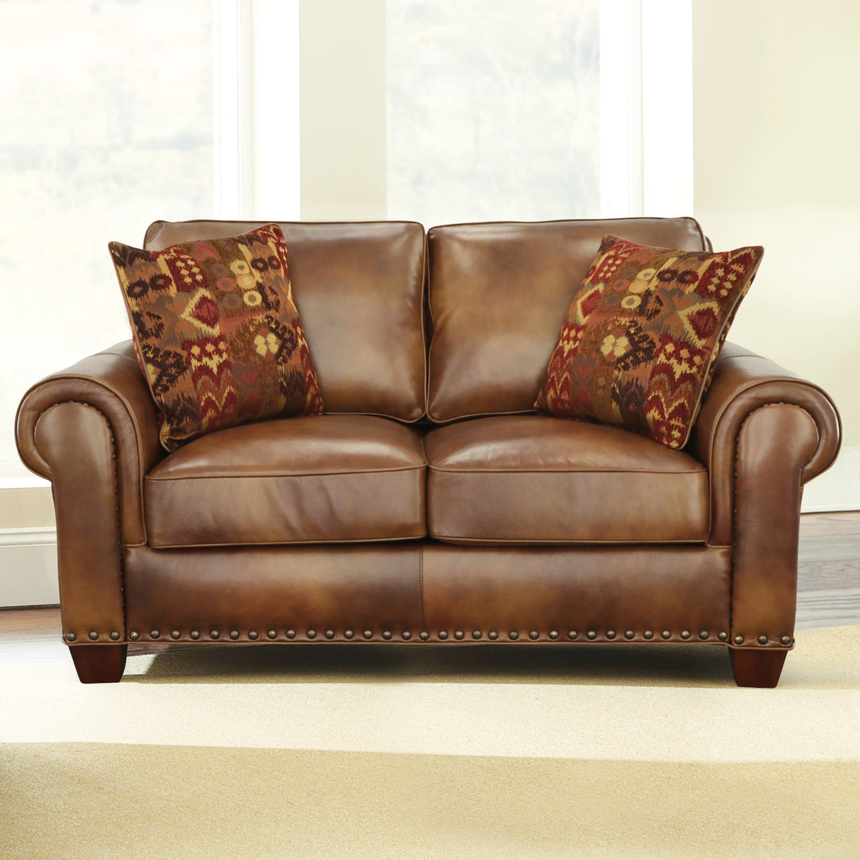 Rustic Leather Collection Loveseat - Premium Construction, Nail-Head Trim - Maximum Comfort and Style Home Elegance USA