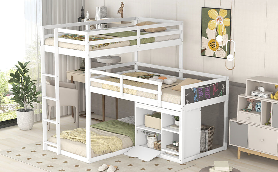 L-shaped Wood Triple Twin Size Bunk Bed with Storage Cabinet and Blackboard, Ladder, White - Home Elegance USA