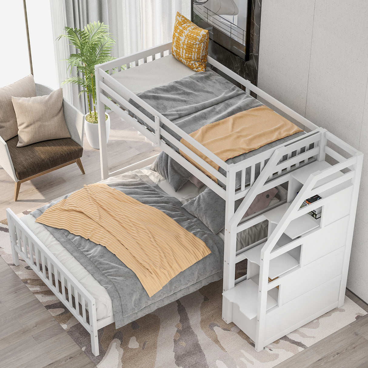 Twin over Full Loft Bed with Staircase,White(OLD SKU:SM000107AAK) - Home Elegance USA