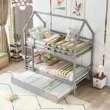 Twin over Twin House Bunk Bed with Trundle and Chimney Design,Gray - Home Elegance USA