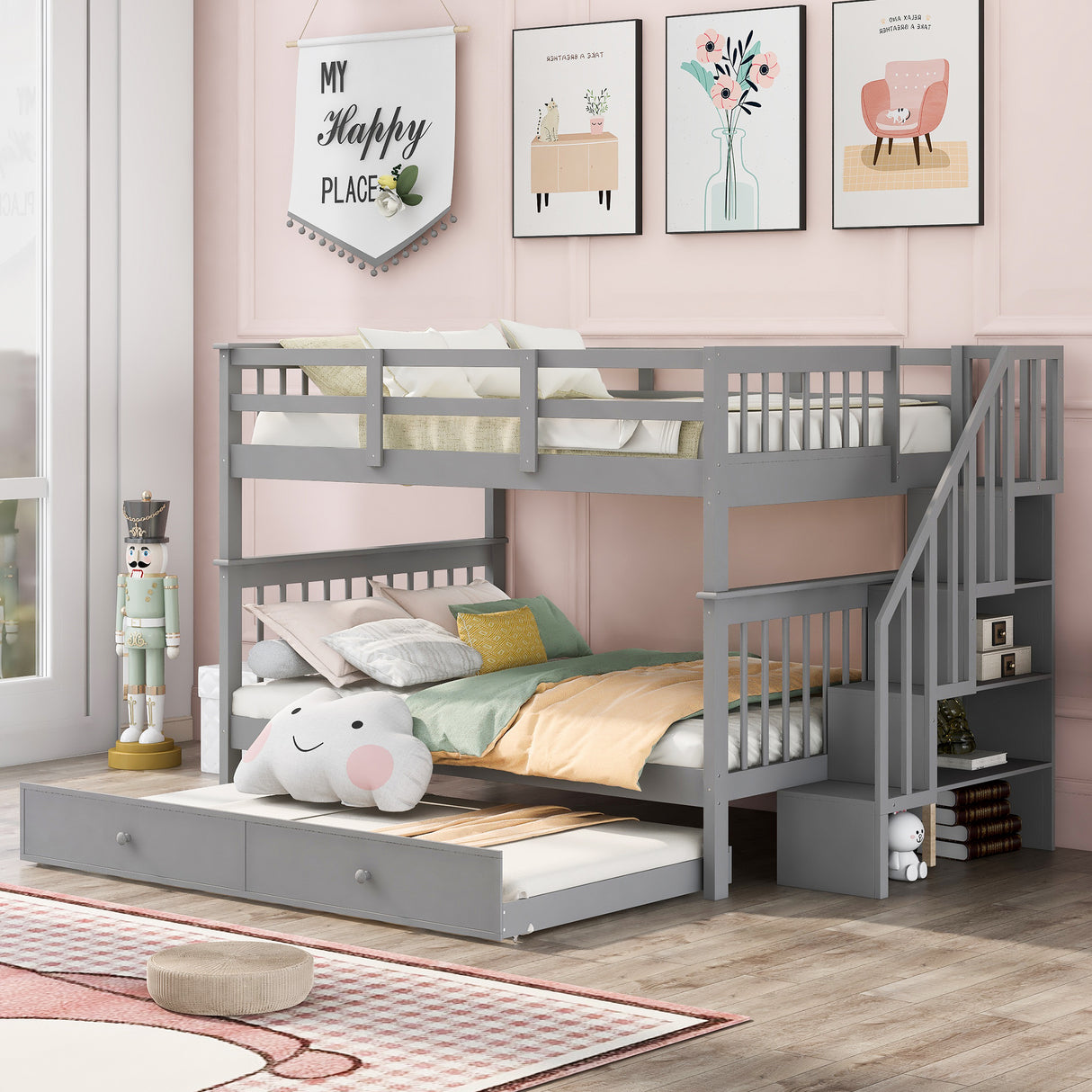 Stairway Full-Over-Full Bunk Bed with Twin size Trundle, Storage and Guard Rail for Bedroom, Dorm - Gray(OLD SKU :LP001210AAE) - Home Elegance USA