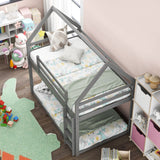 Twin over Twin Low Bunk Bed, House Bed with Ladder , Gray(OLD SKU:WF197808AAE) - Home Elegance USA