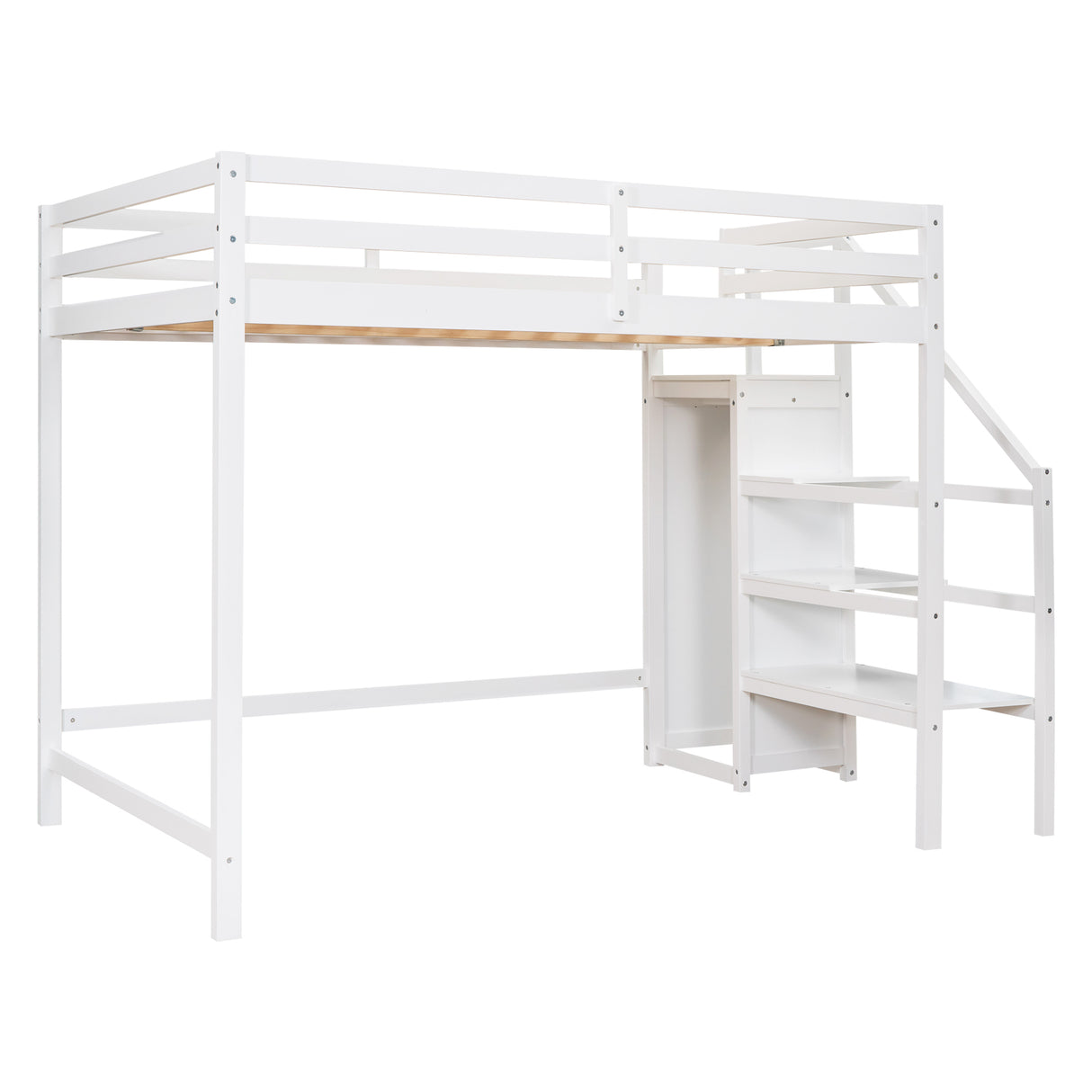 Full Size Loft Bed with Built-in Storage Wardrobe and Staircase,White - Home Elegance USA